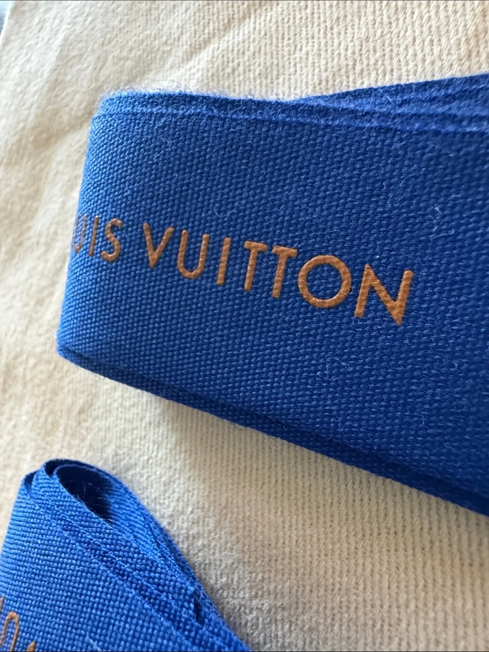 Louis Vuitton Beige Dust Bag with Blue Logo Ribbon